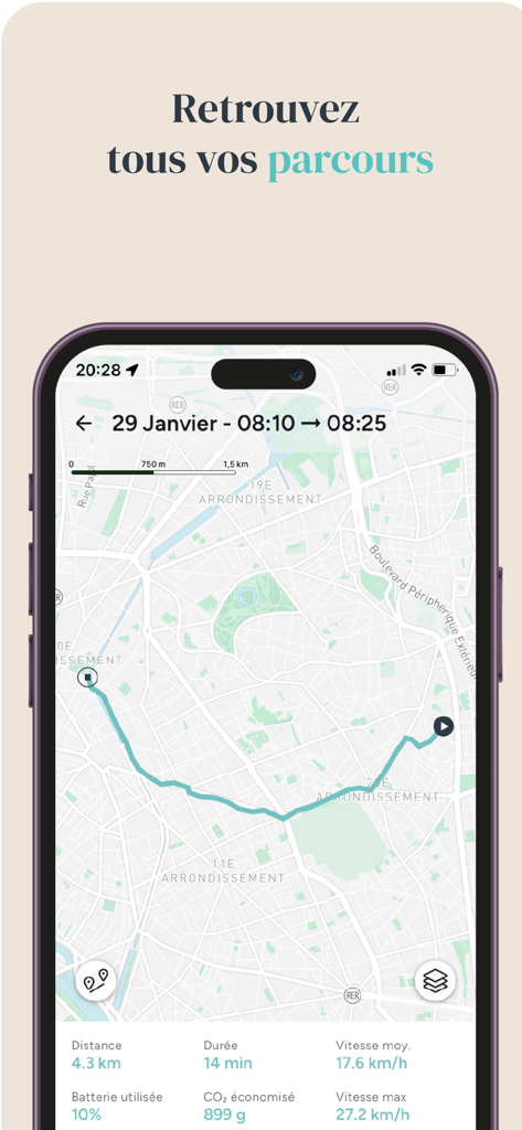 GAYA - GAYA app interface showing an e-bike route on a map with ride statistics like distance and CO2 saved