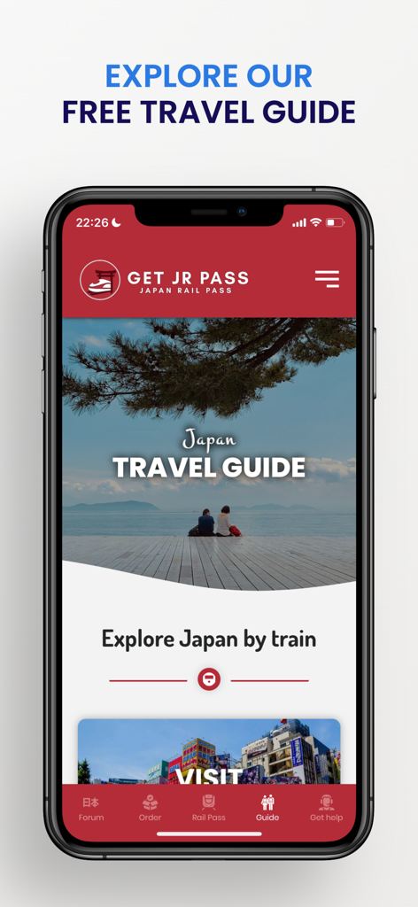 Japan Rail Pass - by Getjrpass - Interface do Guia de Viagem do Japão dentro do aplicativo móvel Getjrpass mostrando opções de exploração