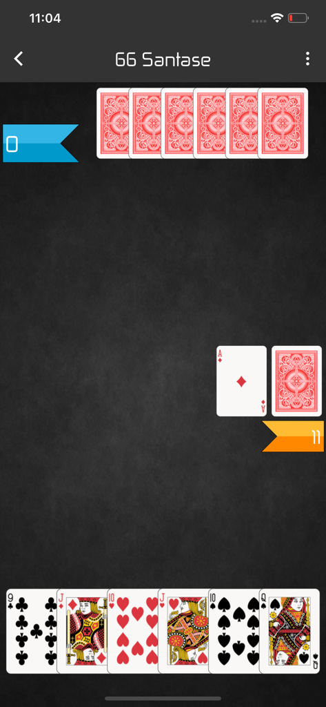 Gameplay interface of 66 Santase classic card game showing player hand and cards