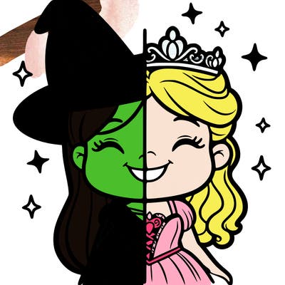 a witch and princess smiling at each other split