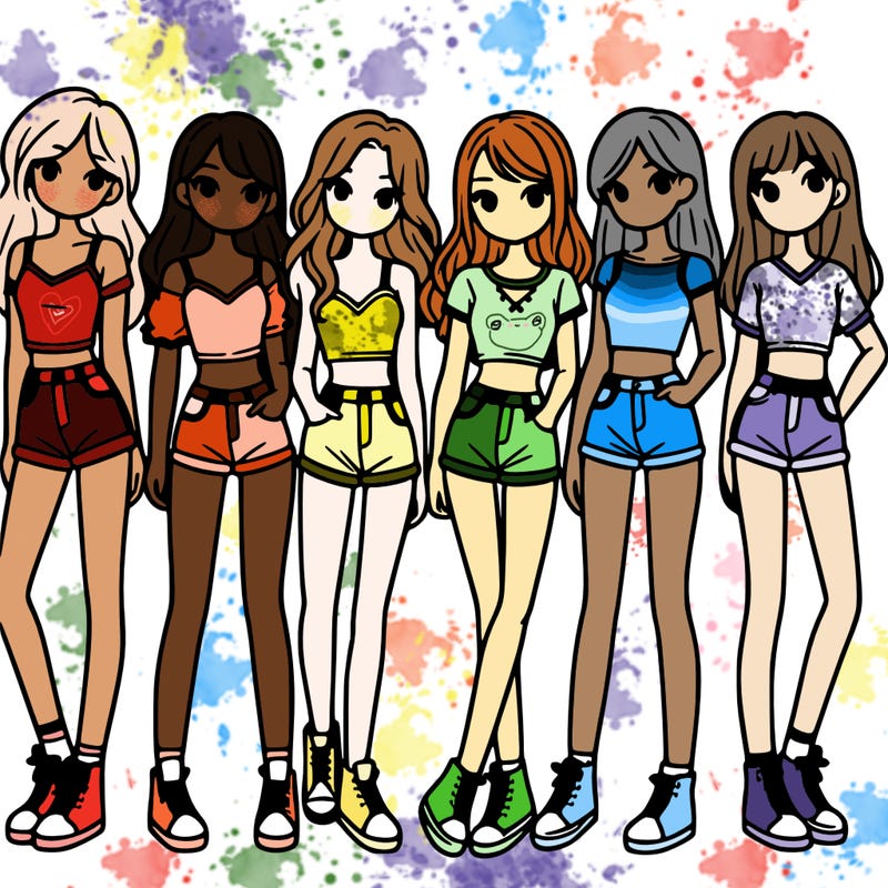 a group of girls wearing crop tops and shorts