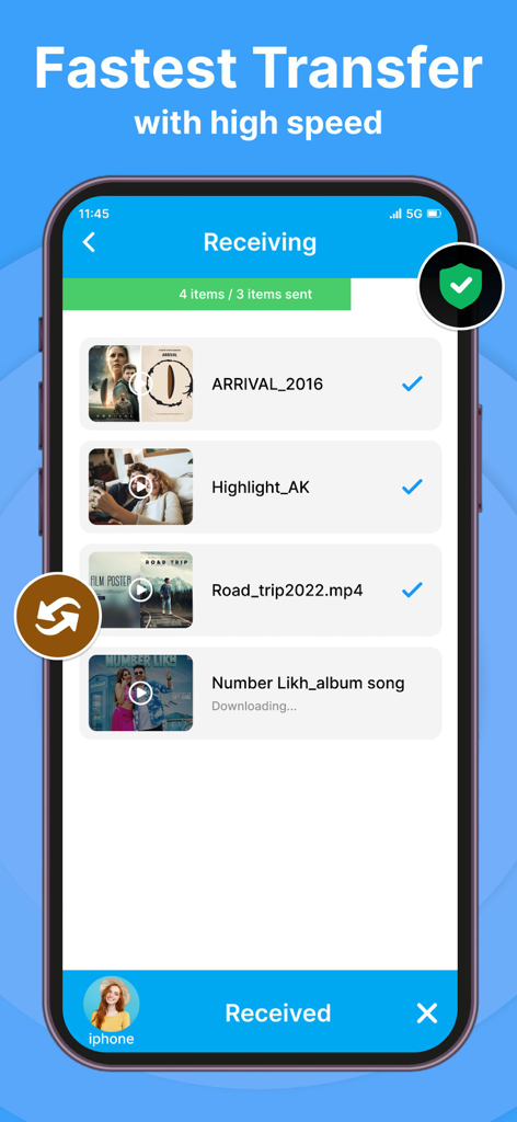 Quick Share - File Transfer - Interfaz de la aplicación Quick Share mostrando una lista de archivos multimedia que se están recibiendo con indicadores de progreso y marcas de verificación de estado.