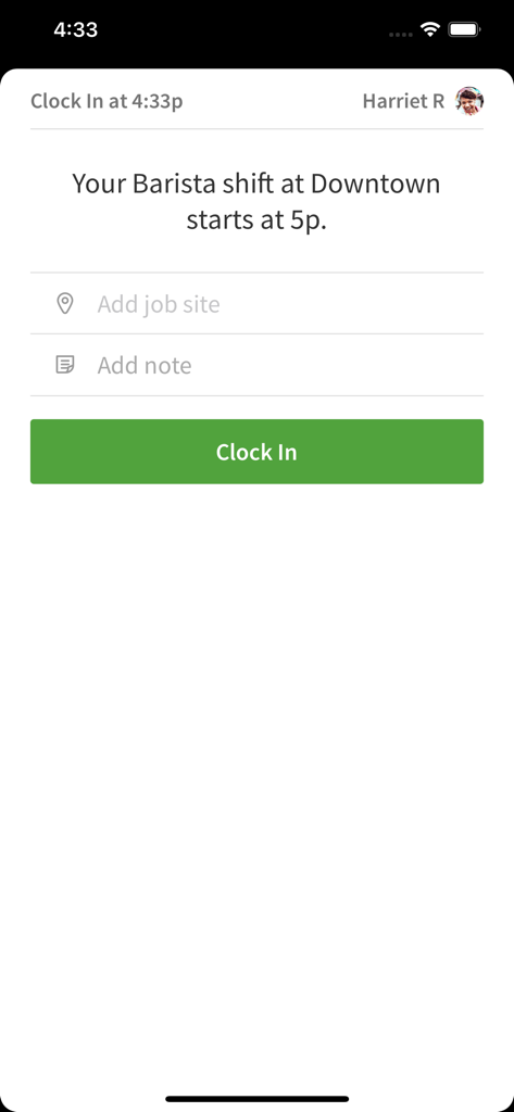 Interface of the Time Clock Terminal app showing an employee clocking into their barista shift.