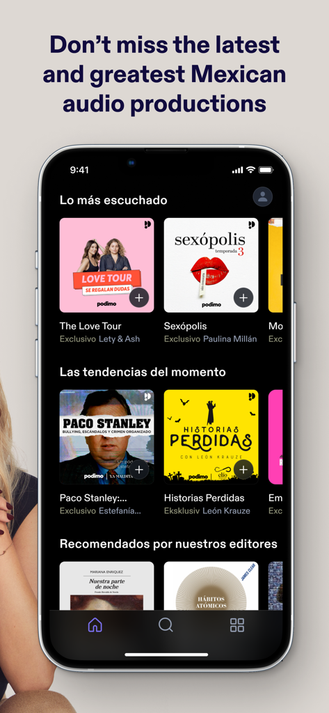 Smartphone displaying the Podimo app interface featuring popular Mexican podcasts and audiobooks