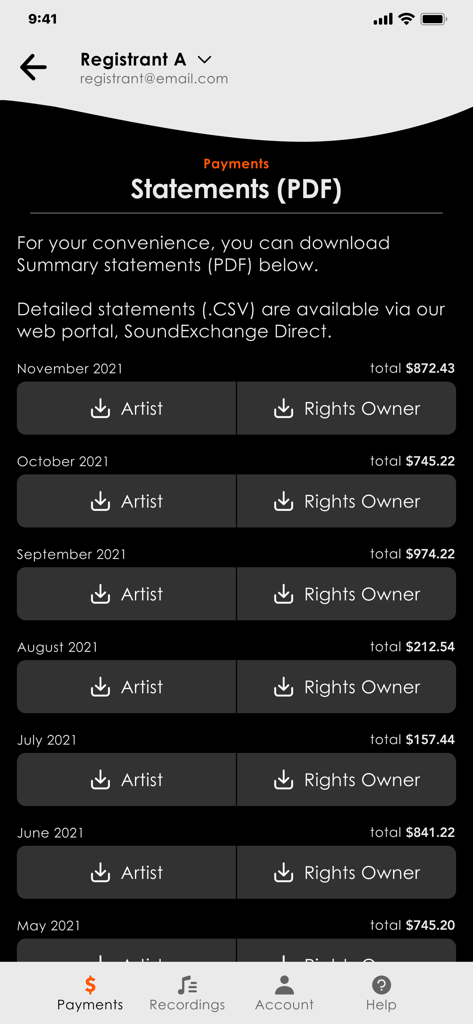 Una pantalla que muestra los totales de los pagos mensuales de regalías y los botones para descargar estados de cuenta en PDF para artistas y propietarios de derechos.