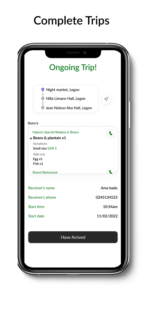 Night Market Rider - Pantalla de la aplicación Night Market Rider que muestra un viaje de entrega de comida en curso de auténtica cocina ghanesa