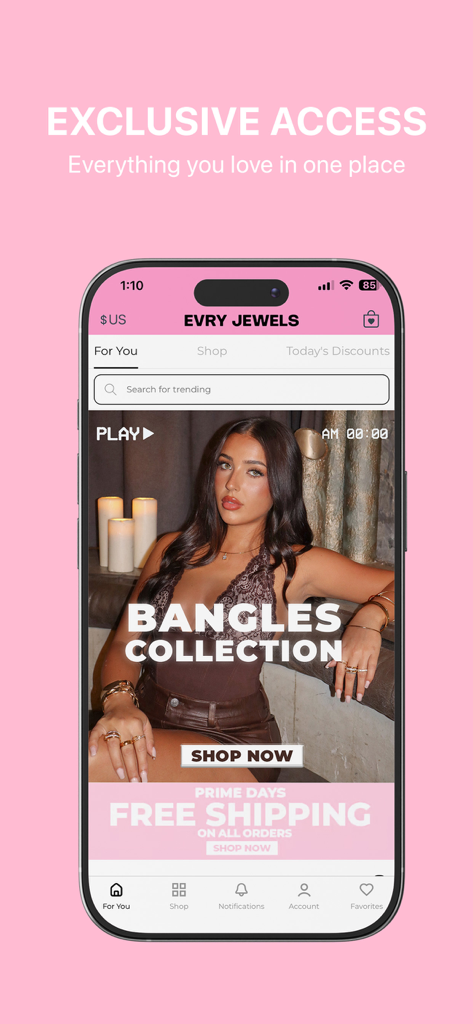 Evry Jewels - Evry Jewels mobile app home screen featuring the bangles collection and exclusive free shipping promotion