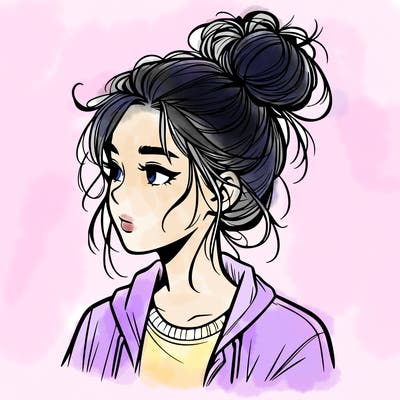 realistic teenage girl with a messy bun