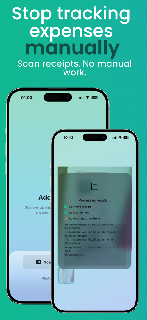 Scanomy app interface showing automatic AI receipt scanning and expense tracking on two iPhones