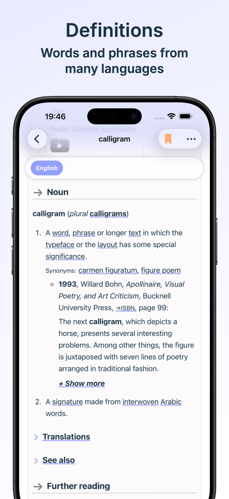 A mobile app interface showing a clean dictionary definition for the word calligram on WikiDee.