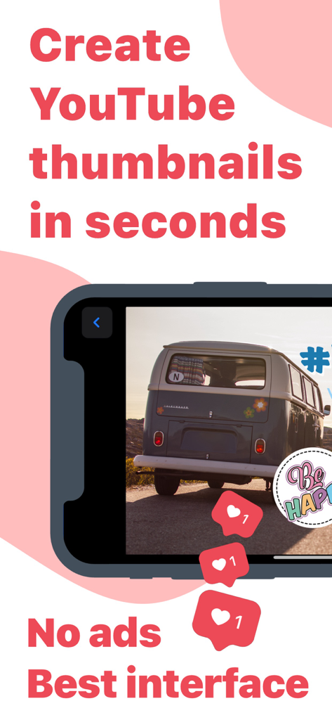 Thumbnail Creator for YouTube - Un smartphone mostrando la interfaz de la aplicación Creador de Miniaturas con una miniatura editada de una furgoneta y pegatinas decorativas