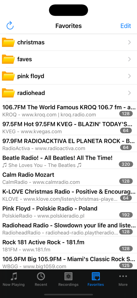 ooTunes Radio: Record & Alarm - 저장된 방송국과 폴더를 보여주는 ooTunes Radio 앱의 즐겨찾기 화면
