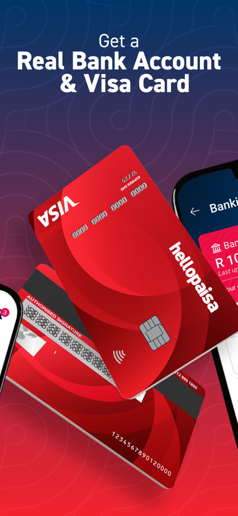 Hello Paisa - A red Hello Paisa Visa debit card next to the text Get a Real Bank Account and Visa Card