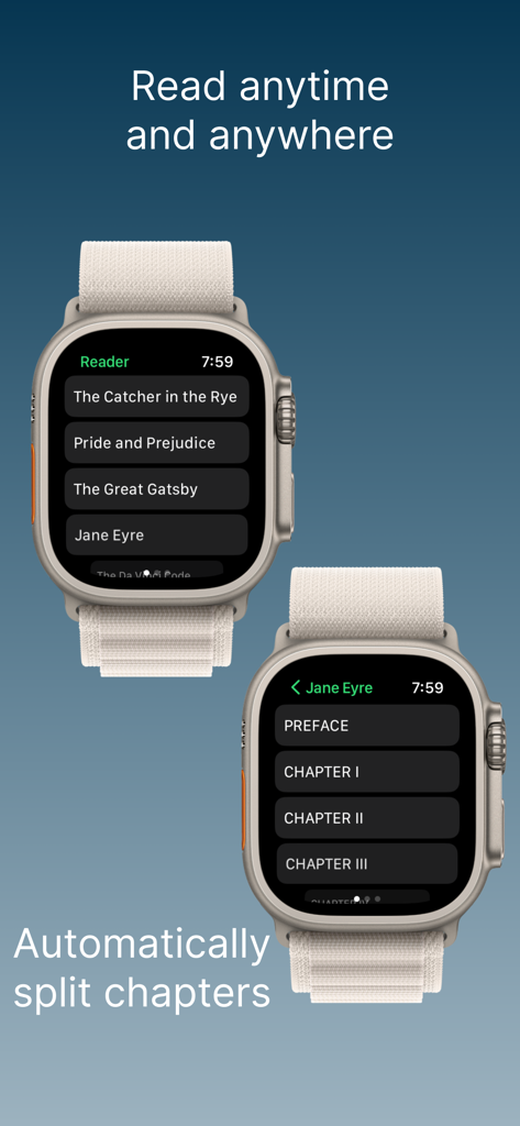Reader for Watch - Apple Watch screens showing a list of ebooks and automatically split chapters in the Reader for Watch app