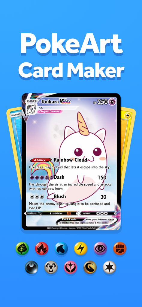 A custom Unikara VMAX trading card created in the PokeArt app with psychic energy type icons