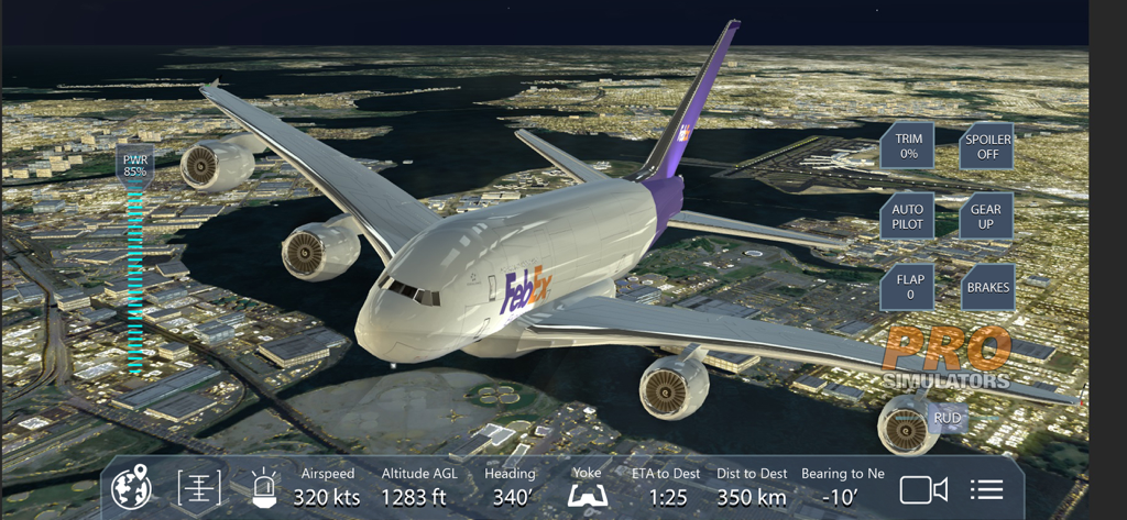 Un aereo cargo volare sopra un dettagliato paesaggio 3D di New York City nel gioco mobile New York Flight Simulator Pro.