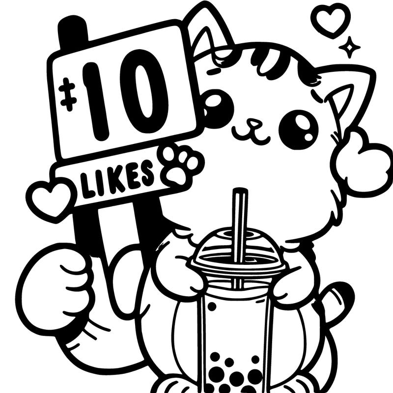 cat drinking a boba and a sign saying 10 likes