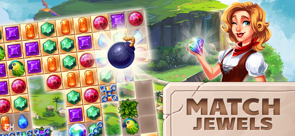 Jewel Quest - Match3 Adventure - Match 3 puzzle board with colorful gems and character Emma from Jewel Quest.