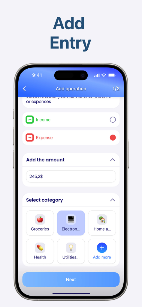 Interfaz de aplicación móvil para agregar entradas de ingresos o gastos con selección de categoría en la calculadora de impuestos IRS2Go.