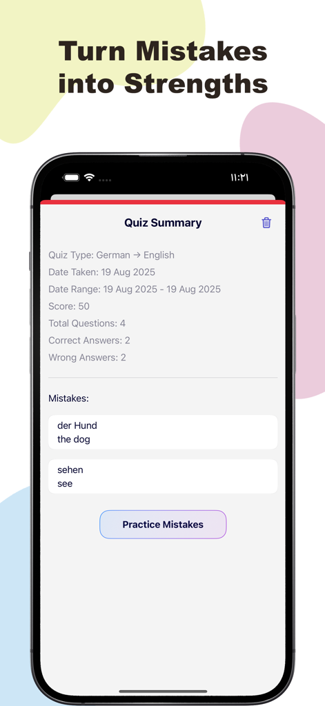 Kalimati -Learn a new language - Una pantalla de resumen de cuestionario en la aplicación Kalimati que muestra los resultados de pruebas de alemán a inglés con una lista de errores y un botón de práctica.