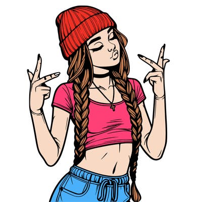 realistic teenage girl with braids and a beanie and crop top doing 🫶🏼