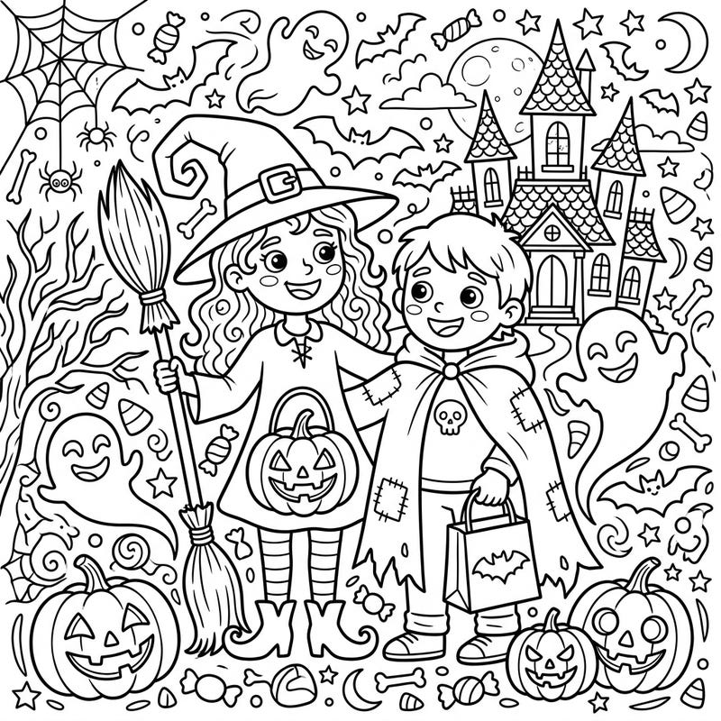 Celebrate Halloween with this adorable coloring page featuring two friends dressed as a witch and a spooky character. Surrounded by classic Halloween elements, it's perfect for a ghoulishly good time.