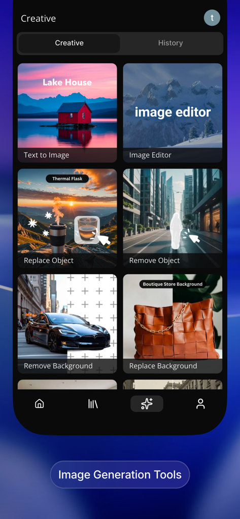 Zemith - SuperAI All in One AI - Zemithアプリのインターフェース。テキストから画像への生成や背景除去など、さまざまなAIクリエイティブツールが表示されています。
