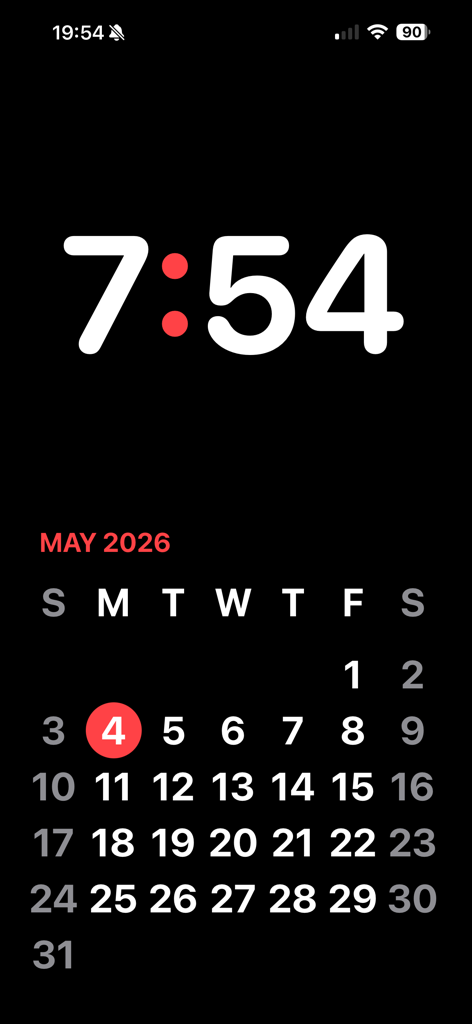 No Nonsense Calendar Clock - A minimalist digital clock and monthly calendar with red accents on a black background.