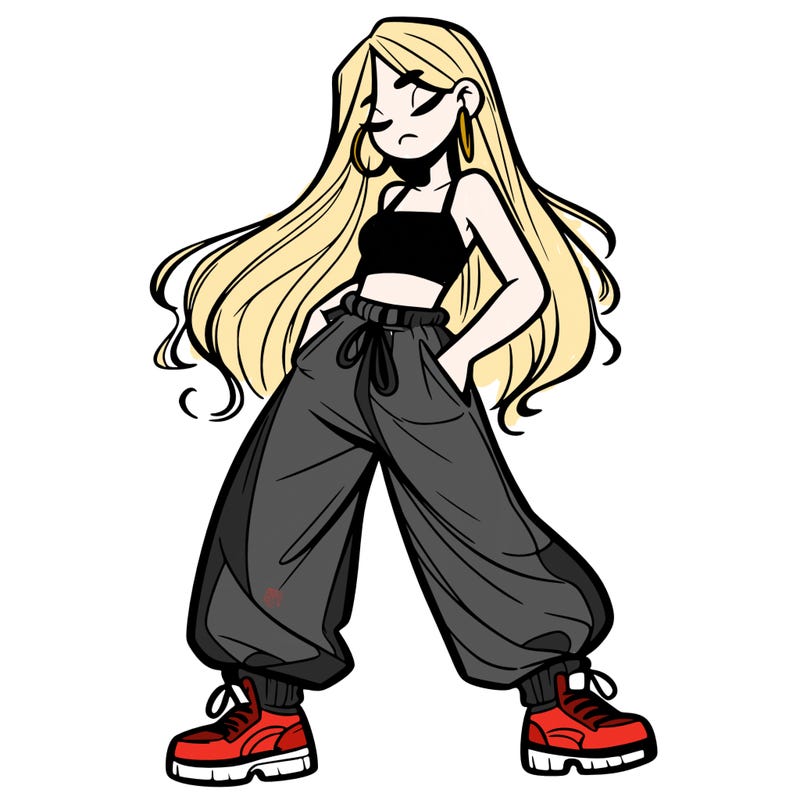 girl in baggy pants crop top and long hair