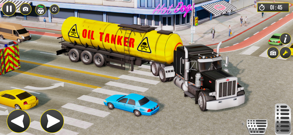 A yellow oil tanker semi truck driving through a city street in a 3D simulator game