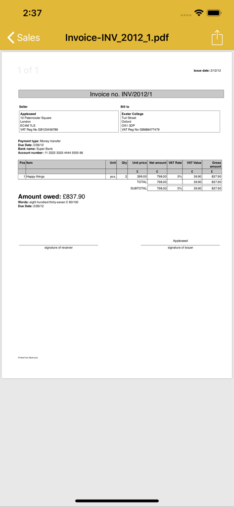 A professional PDF invoice generated by the MyInvoice app showing itemized costs and VAT calculations.