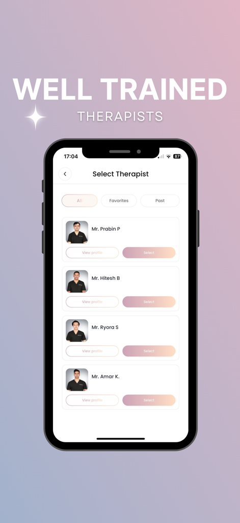Masaj - 選択のためのプロフェッショナルで訓練されたセラピストのリストを表示するMasajモバイルアプリ画面