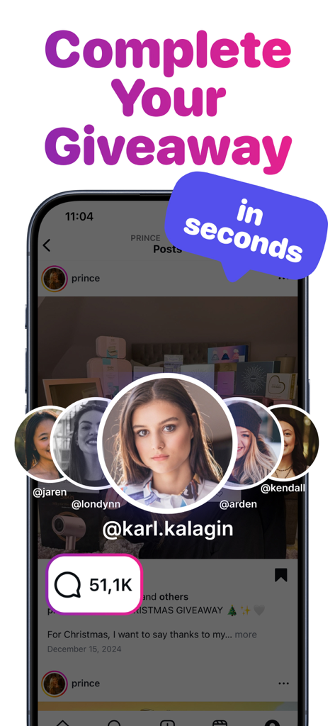Rafi - Giveaway for Instagram - Uma interface móvel mostrando o aplicativo Rafi escolhendo um vencedor para um sorteio do Instagram em segundos