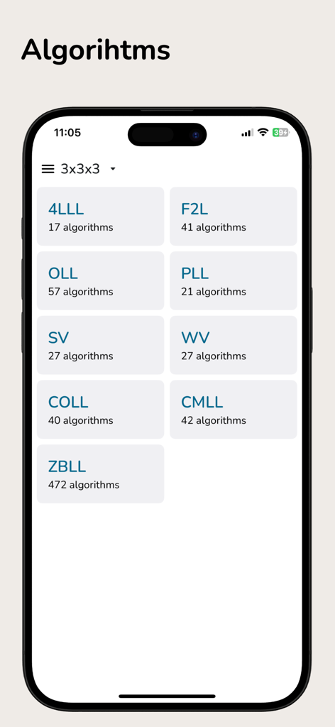 Last Cube X - Cube Timer - Una lista de categorías de algoritmos de speedcubing para un cubo 3x3x3 en la aplicación Last Cube X que incluye F2L OLL y PLL.