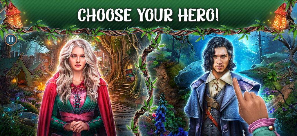 Hidden Objects: Mystic Woods - Una pantalla de selección de personajes del juego Objetos Ocultos Bosque Místico mostrando a Rose con una capucha roja y un héroe masculino con un abrigo azul.