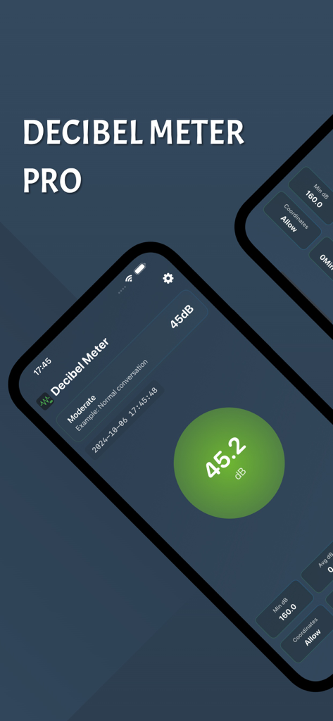 Decibel Meter: Expert Accuracy - Interface of the Decibel Meter Pro app showing a 45.2 decibel noise level measurement with environmental context of a normal conversation.