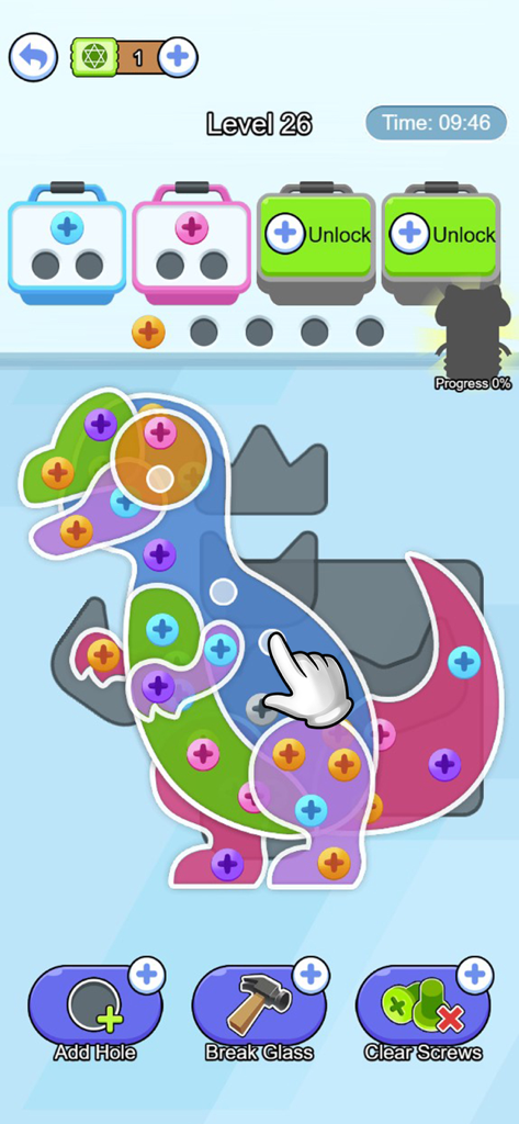 Screenshot of a dinosaur shaped logic puzzle level in Screw Pin Jam Puzzle with colorful pins and sorting boxes.
