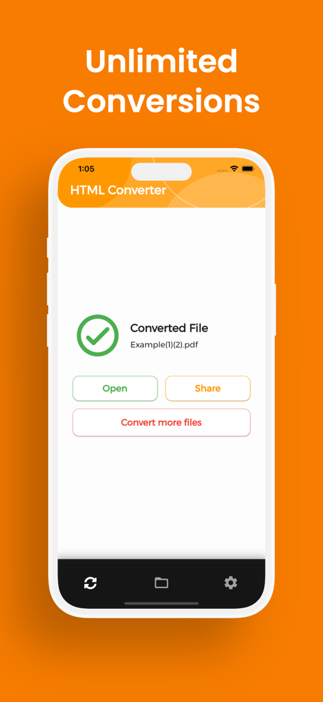 열기 및 공유 옵션이 있는 성공적인 파일 변환을 보여주는 HTML 변환기 모바일 앱 인터페이스.