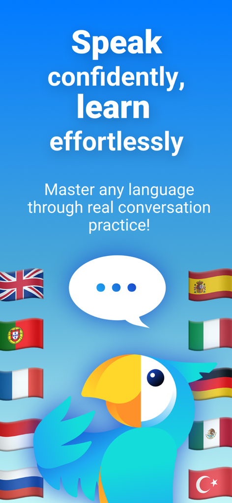 Papagaio - Speak and Learn - Papagaio app introductory screen featuring a colorful parrot mascot and international flags representing language learning options.