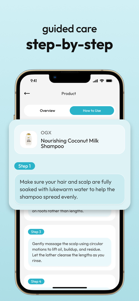 Kera app screen showing step by step instructions for hair care products