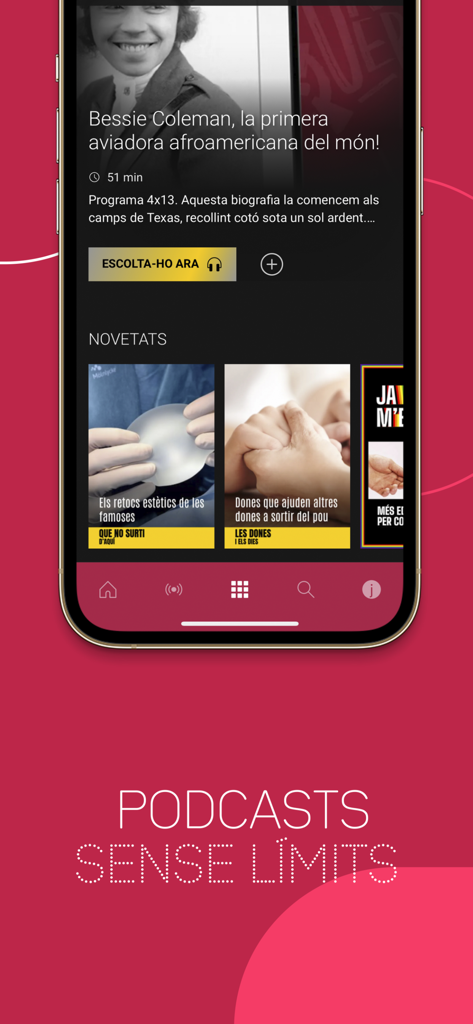 Interfaz de la app móvil 3Cat mostrando una lista de podcasts y documentales en catalán