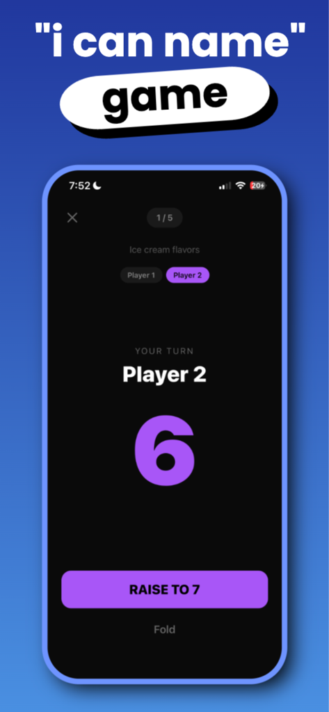 Pantalla de pujas para el juego I Can Name dentro de la aplicación Game Night con una categoría de sabores de helado