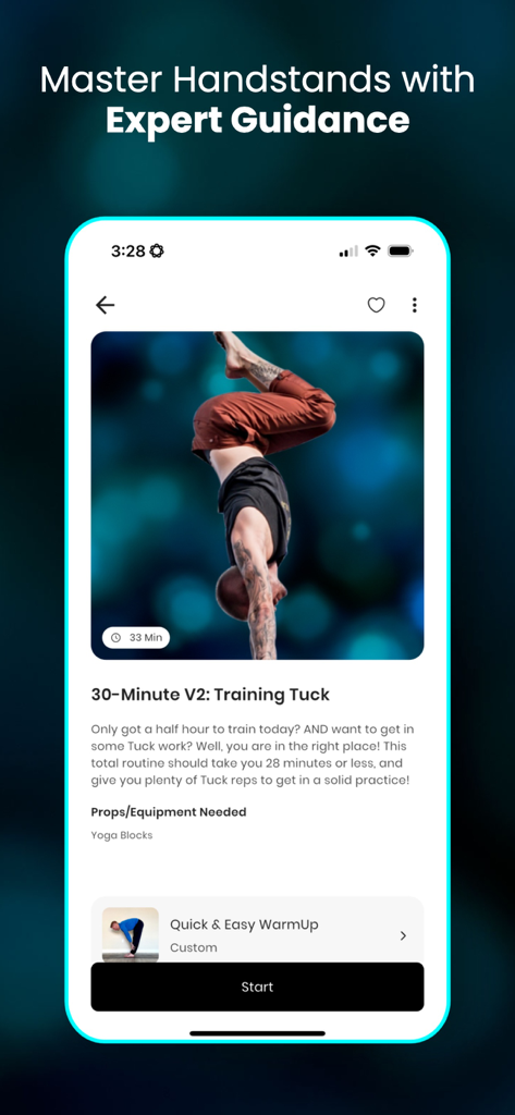 Captura de pantalla de la aplicación Handstand Coach con una sesión de entrenamiento de encogimiento de piernas de 30 minutos con guía experta
