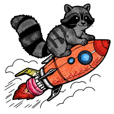 realistic raccoon flying on top rocket ship