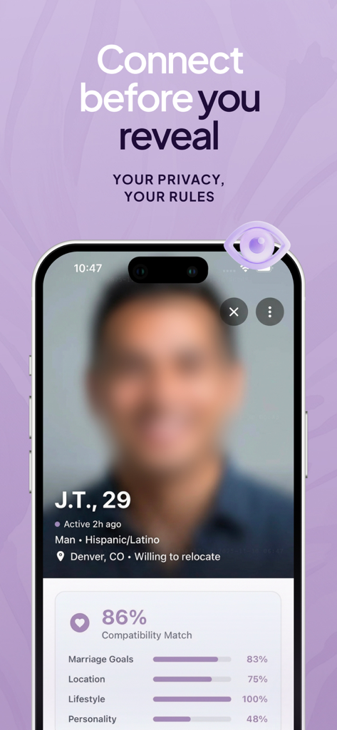 Accord app screenshot showing a blurred profile with an 86 percent compatibility match score for a lavender marriage.