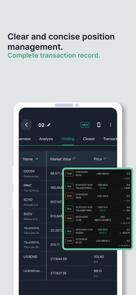 Stocker Professional - Interfaz de la aplicación Stocker Professional que muestra las tenencias de inversión y el historial de transacciones.
