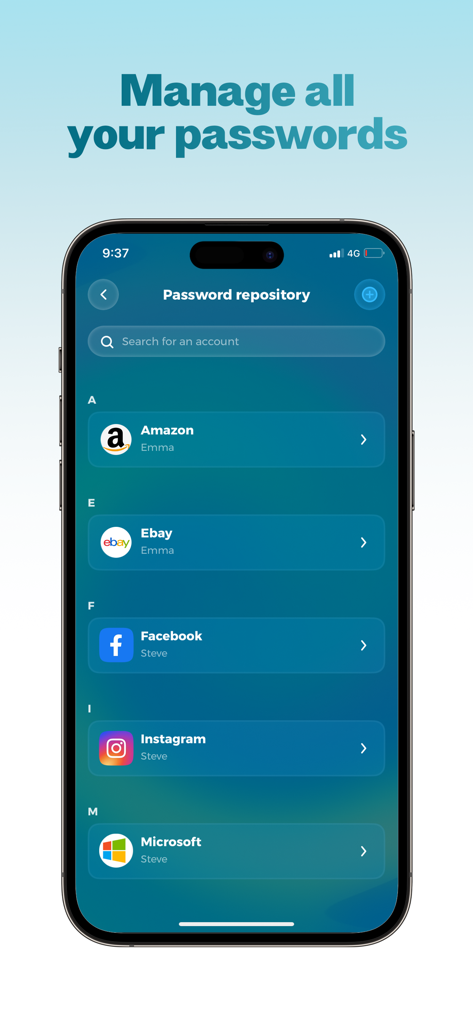 Screenshot der Authenticator App, der die Passwort-Repository-Oberfläche mit einer Liste von gespeicherten Konten für Amazon, Ebay, Facebook und Instagram zeigt.
