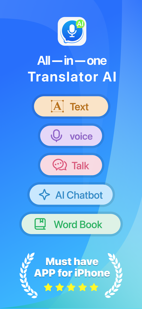 Menu screen of the Voice Translator AI app for iPhone showing multiple translation tools and five star rating
