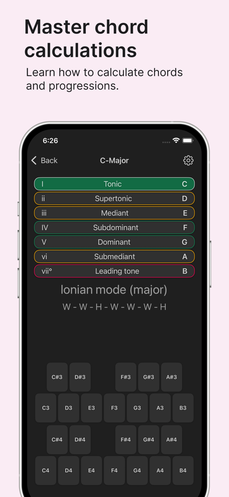 Chord - Chord app screen showing C Major scale degrees and chord calculations