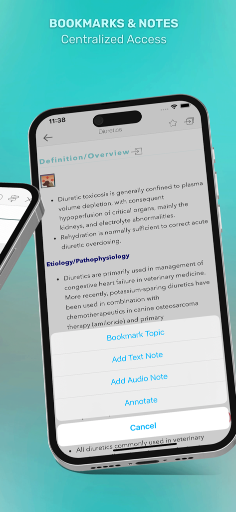 5 Minute Veterinary - 5分間獣医アプリのスクリーンショット。獣医専門家向けの臨床ノートとブックマークオプションが表示されています。